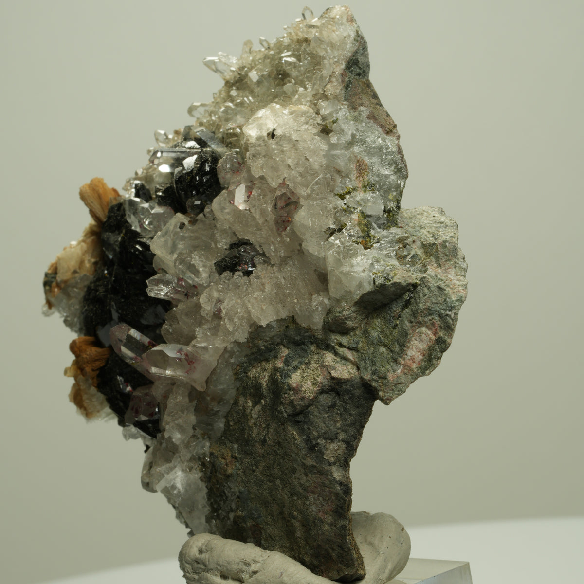 Harlekin Starburst Quarz, Prehnit, Calcit, Epidot, Hämatit, Malachit Streep Mine, Namibia 68*63*30mm #14695