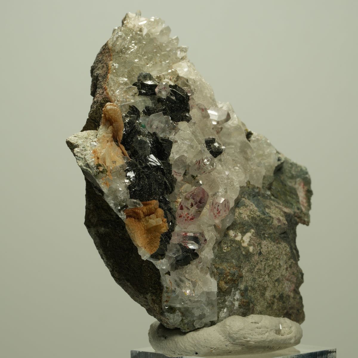 Harlekin Starburst Quarz, Prehnit, Calcit, Epidot, Hämatit, Malachit Streep Mine, Namibia 68*63*30mm #14695