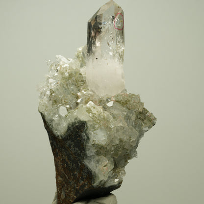 Enhydro Phantom Rauchquarz, Prehnit, Calcit Analcim Epidot Streep Mine Namibia 92*48*34mm #14707