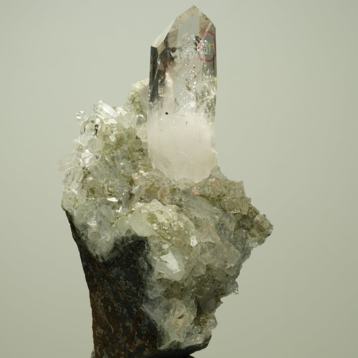 Enhydro Phantom Rauchquarz, Prehnit, Calcit Analcim Epidot Streep Mine Namibia 92*48*34mm #14707