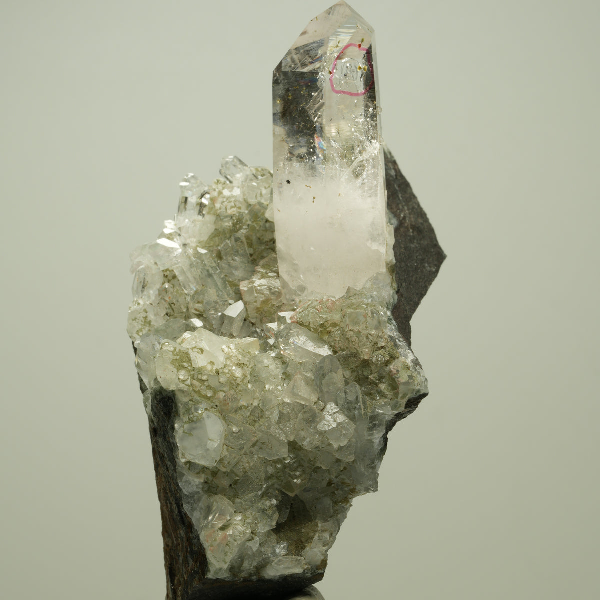 Enhydro Phantom Rauchquarz, Prehnit, Calcit Analcim Epidot Streep Mine Namibia 92*48*34mm #14707