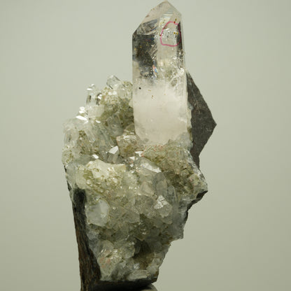 Enhydro Phantom Rauchquarz, Prehnit, Calcit Analcim Epidot Streep Mine Namibia 92*48*34mm #14707