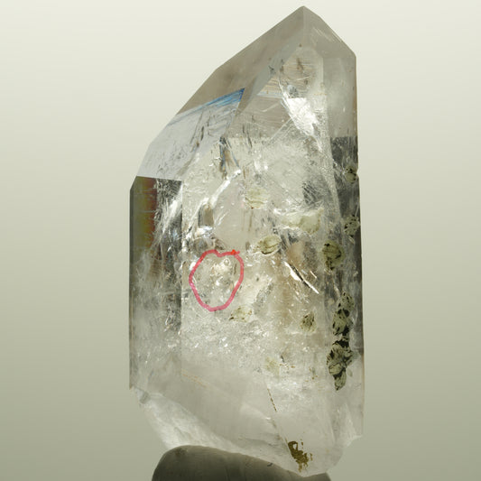Enhydro Skelett Rauchquarz Spitze mit Prehnit, 1x Blase Streep Mine, Namibia 63*29*24mm #14752