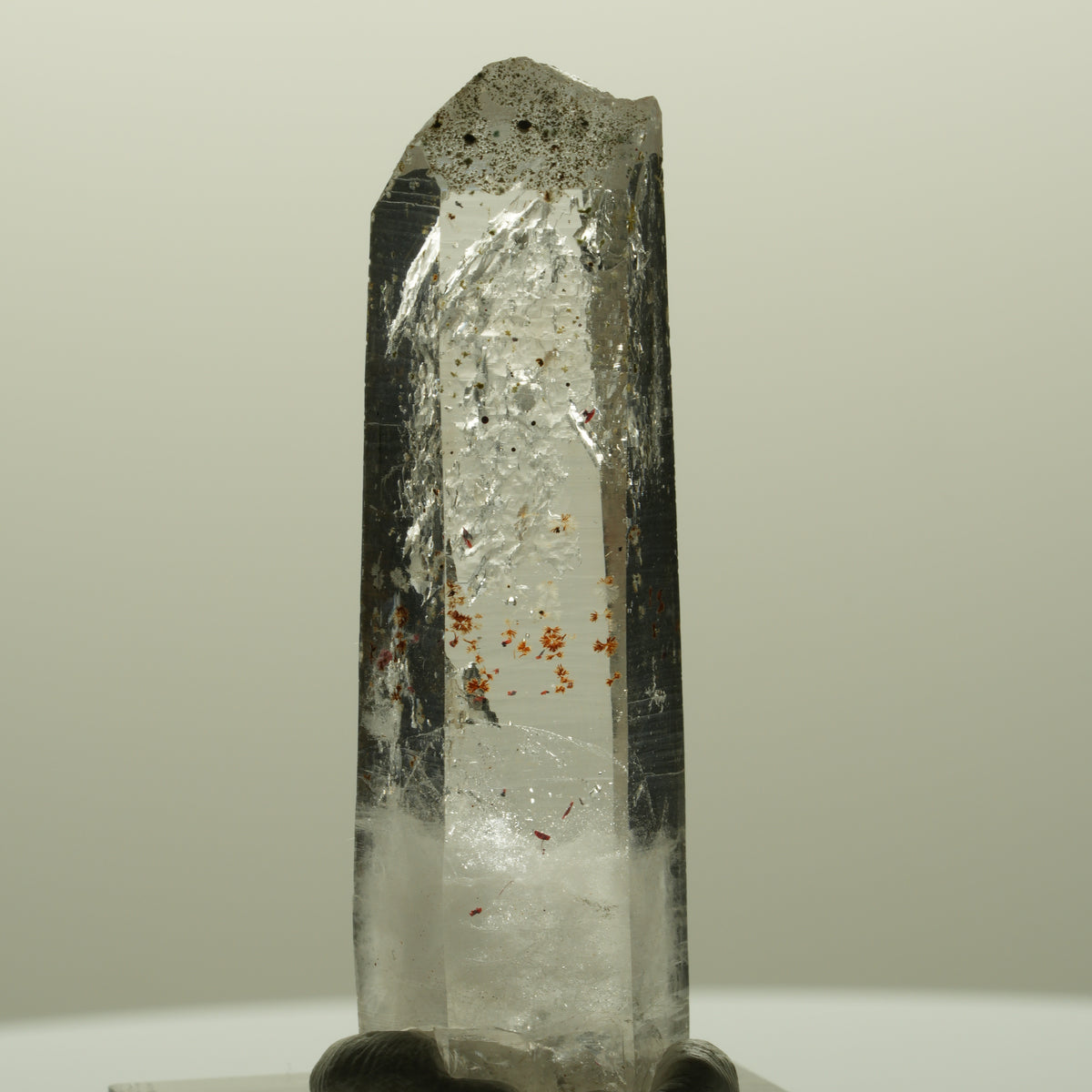 Harlekin Lemurian Rauchquarz Spitze mit Hämatit Streep Mine, Goboboseb, Namibia 49*16*12mm #14815