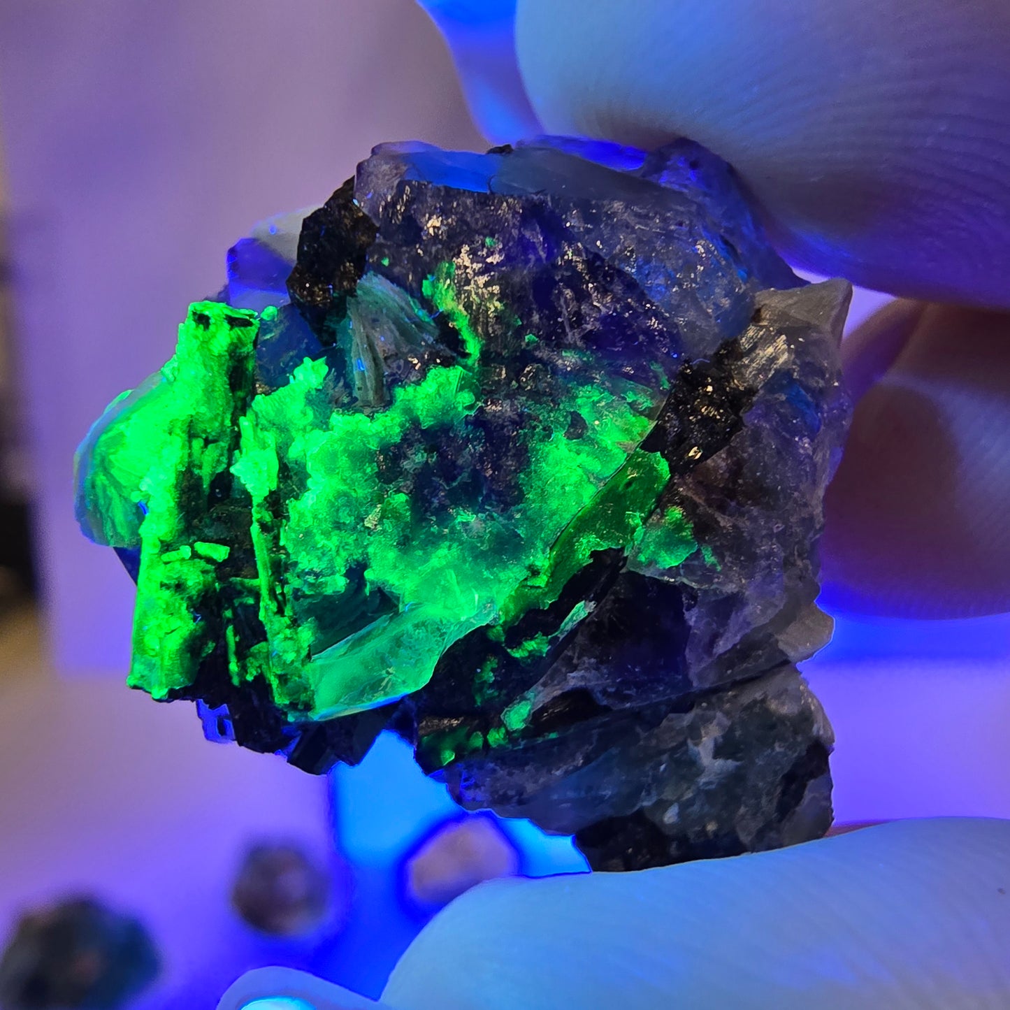 Lot de 16 fluorites fantômes, hyalites, tourmalines Schörl, muscovites, Erongo, Namibie