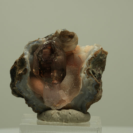 Skelett Fenster Phantom Rauchquarz Zepter in Achat Geode Streep Mine, Namibia 38*32*24mm #15205