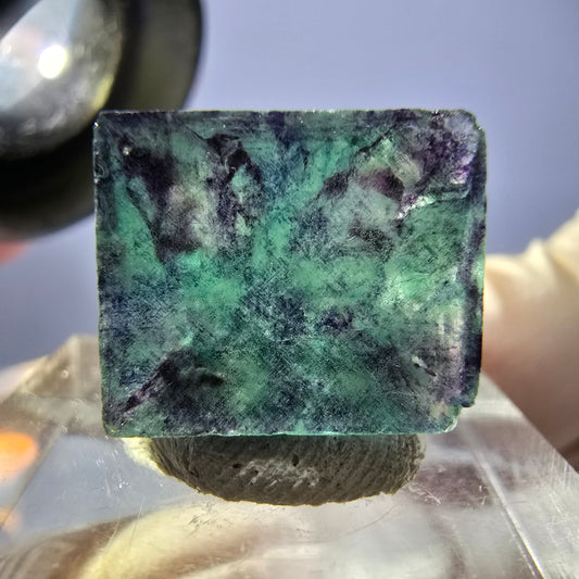 Cube de fluorite fantôme transparente, vert violet, Okorusu, Namibie, 15 x 13 x 10 mm 