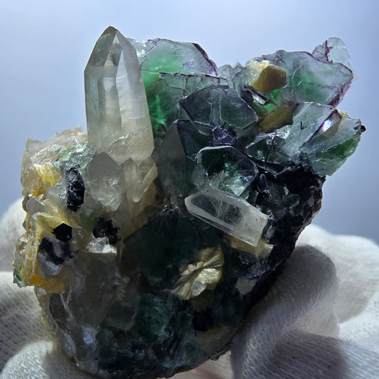 Phantom Fluorit Würfel, Rauchquarz, Schörl Turmalin, Hyalit Erongo, Namibia 62*42*35mm