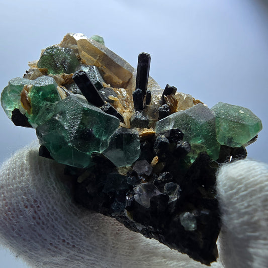 Phantom Fluorit Würfel, Rauchquarz, Schörl Turmalin Stufe Erongo, Namibia 52*31*18mm