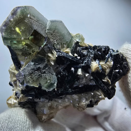 Phantom fluorite hexagonal, Schörl tourmaline, muscovite Erongo, Namibia 48*46*35mm 