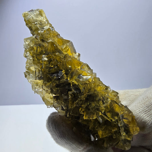 Grand spécimen de cube de fluorite fantôme, poche jaune miel, Okorusu, Namibie, 101 x 30 x 34 mm 
