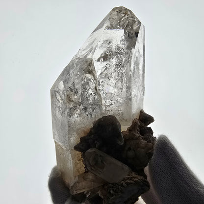 Sceptre squelette en quartz fumé Enhydro, calcite UV Valentine Pocket Goboboseb Namibie 99 x 56 x 45 mm 
