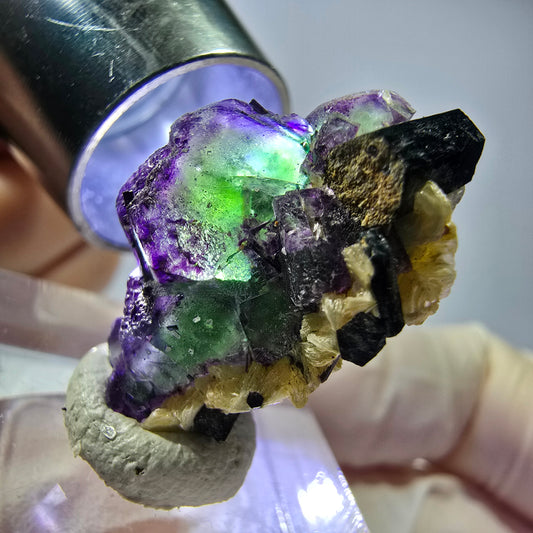 Cube de fluorite fantôme, zonal, muscovite, spécimen de tourmaline Schorl, Erongo, Namibie, 26 x 17 x 12 mm 
