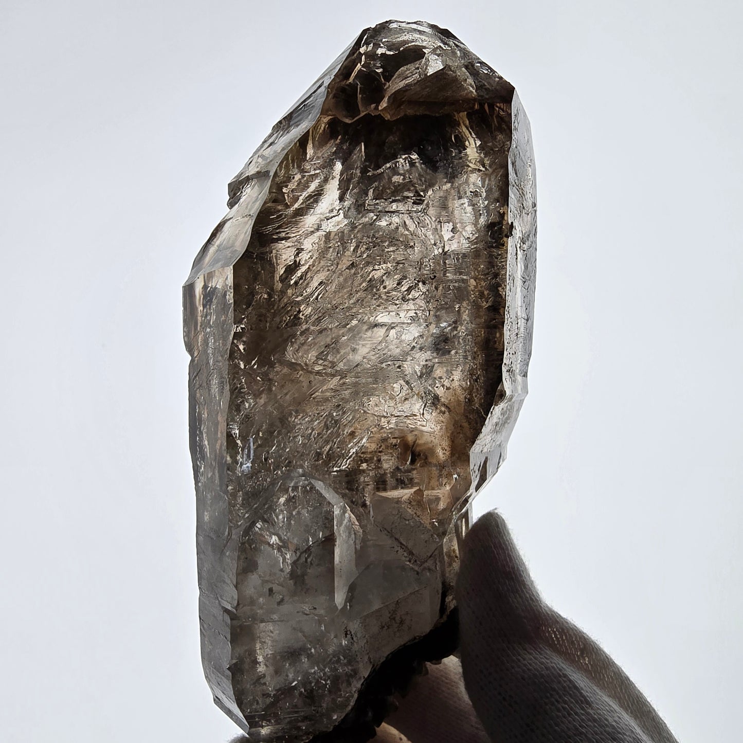 Sceptre en quartz fumé squelette Enhydro, calcite UV, 3 bulles, poche Saint-Valentin, Namibie, 149 x 71 x 52 mm 