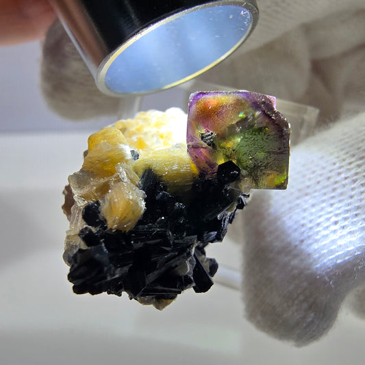 Spécimen de fluorite fantôme colorée, tourmaline scholle, muscovite, Erongo, Namibie, 33 x 25 x 19 mm 