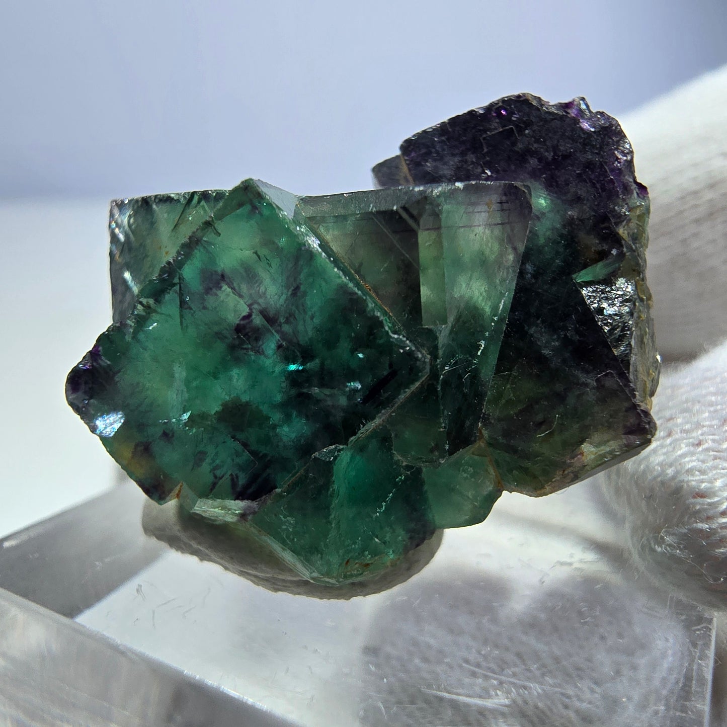 Spécimen rare de cube de fluorite fantôme, vert zonal et violet, Okorusu, Namibie, 29 x 17 x 17 mm 