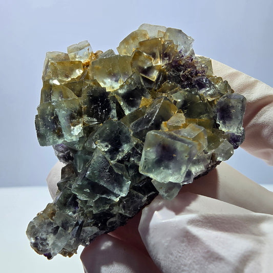 Spécimen de cube de fluorite fantôme transparente, vert-violet, Okorusu, Namibie, 54 x 41 x 22 mm 