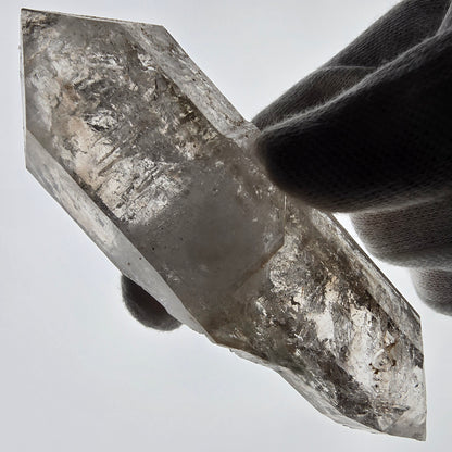 Sceptre DT en quartz fumé squelette Enhydro, poche Valentine en calcite UV, Namibie 105 x 34 x 23 mm 