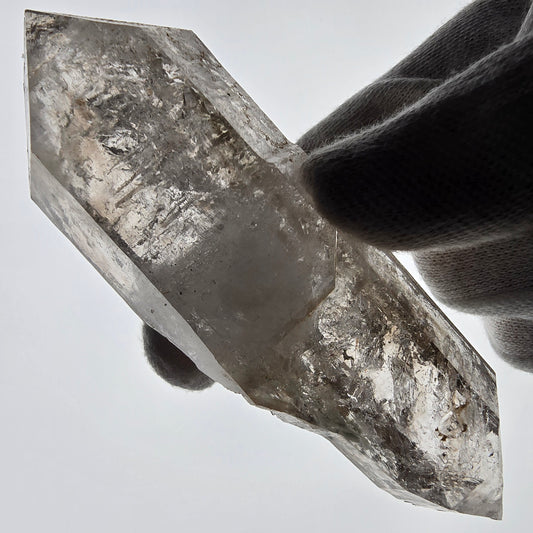 Sceptre DT en quartz fumé squelette Enhydro, poche Valentine en calcite UV, Namibie 105 x 34 x 23 mm 