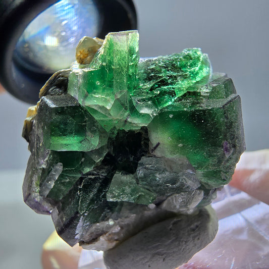 Cube hexagonal de fluorite fantôme, muscovite, tourmaline Schörl, Erongo, Namibie 26 x 24 x 24 mm 