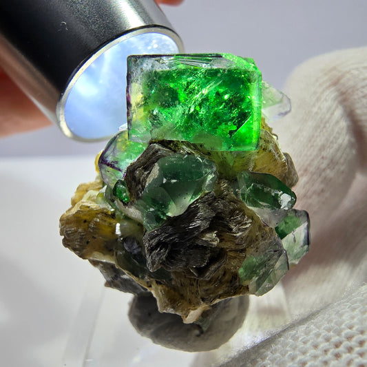 Spécimen de cube de fluorite fantôme zonal, de muscovite et de tourmaline Schorl, Erongo, Namibie, 31 x 24 x 27 mm 