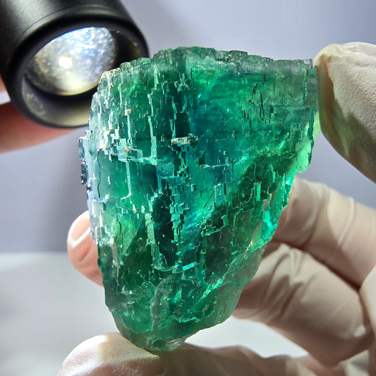 Spécimen de cube de fluorite fantôme transparente, vert parqueté, Okorusu, Namibie, 50 x 30 x 22 mm 
