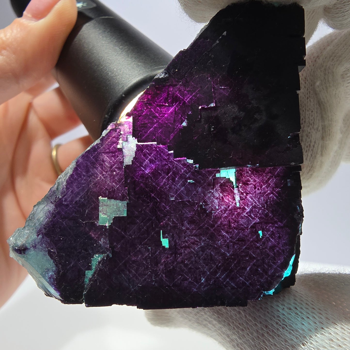 Grand spécimen de cube de fluorite fantôme vert violet zonal 11:11 Angel Pocket, Namibie 73*71*33mm 