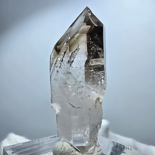 Pointe de sceptre en quartz fumé fantôme transparent, Goboboseb, Namibie, 38 x 14 x 10 mm 