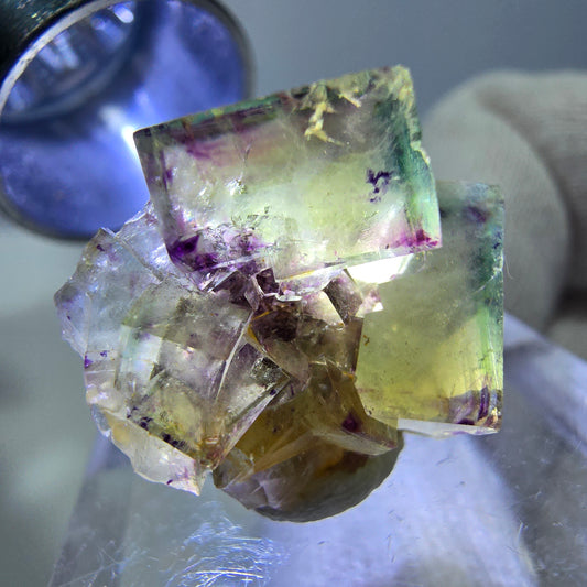 Spécimen de cube de fluorite fantôme zonal, jaune violet vert Okorusu, Namibie 21*17*14mm 