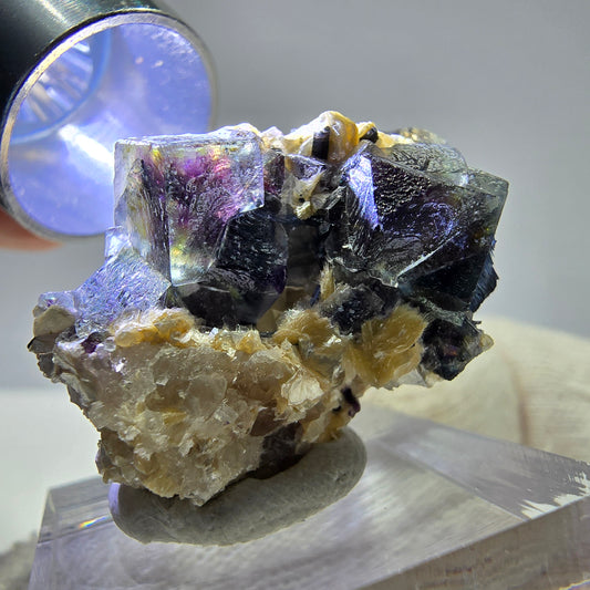 Fluorite fantôme colorée, tourmaline schol, muscovite, hyalite, Erongo, Namibie, 32 x 27 x 20 mm 