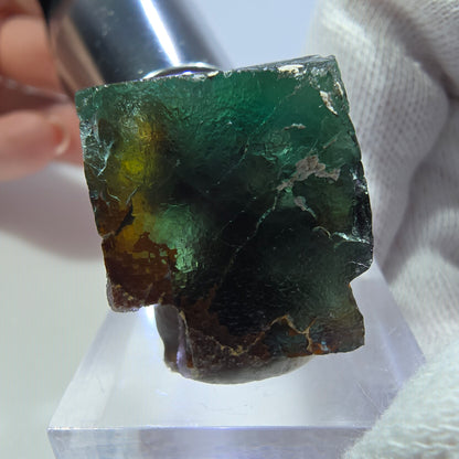 Spécimen de cube de fluorite fantôme transparente, vert violet brun zonal, Okorusu, Namibie, 31 x 20 x 19 mm 