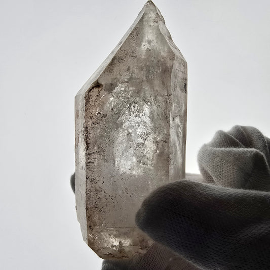 Sceptre fantôme squelette en quartz fumé DT, poche Saint-Valentin en calcite UV, Namibie 95 x 40 x 33 mm 