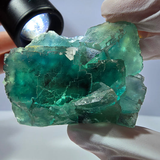 Spécimen de cube de fluorite fantôme transparente, vert parqueté, Okorusu, Namibie, 60 x 45 x 24 mm 