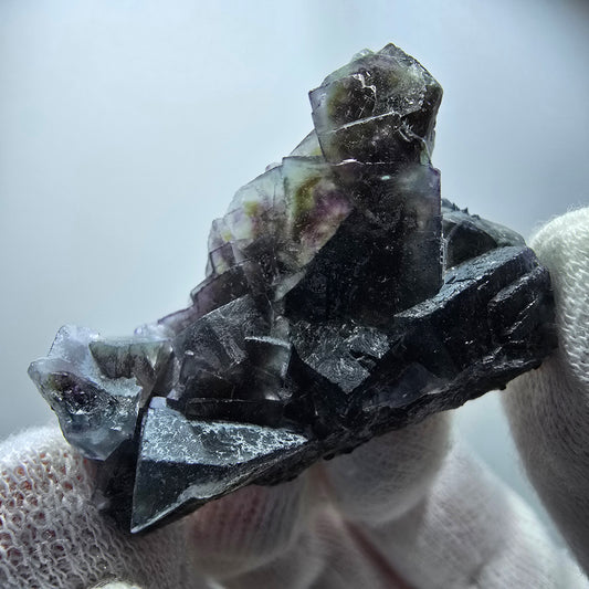 Bunte Phantom Fluorit Würfel, Hyalit, Schörl Turmalin Erongo, Namibia 41*32*17mm