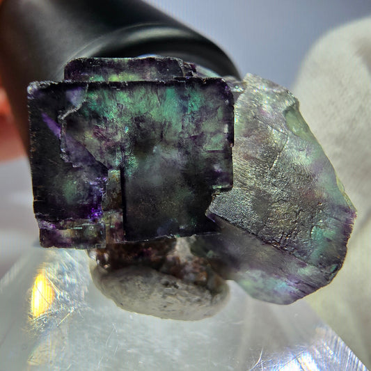 Spécimen rare de cube de fluorite fantôme, vert zonal et violet, Okorusu, Namibie, 28 x 24 x 21 mm 