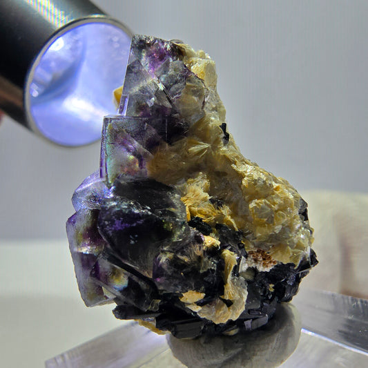 Spécimen de fluorite fantôme colorée, tourmaline scholle, muscovite, Erongo, Namibie, 30 x 19 x 20 mm 