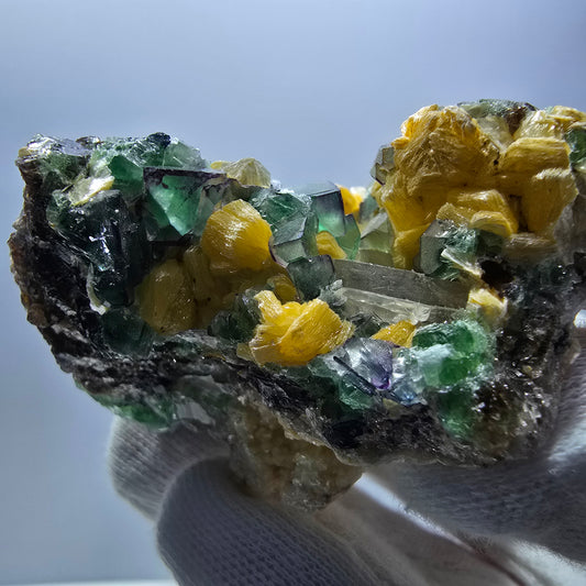 Phantom Fluorit, Rauchquarz, Schörl Turmalin, Muskovit Erongo Namibia 66*64*43mm