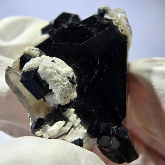 Spécimen de tourmaline Schorl, hyalite, quartz fumé et orthose, Erongo, Namibie, 33 x 23 x 19 mm 