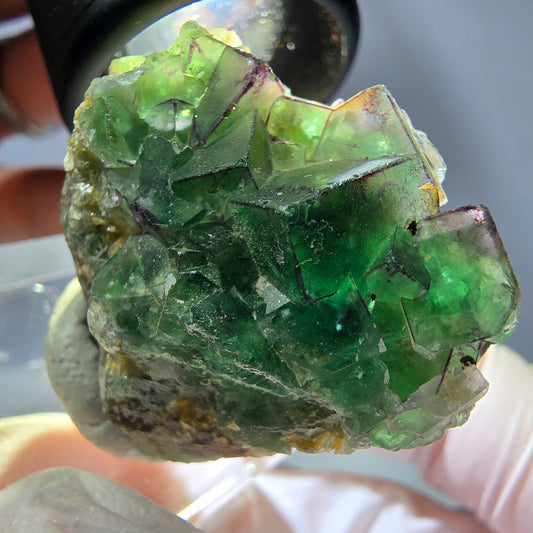 Cube de fluorite fantôme, zonal, muscovite, spécimen de calcite UV, Erongo, Namibie, 31 x 31 x 19 mm 