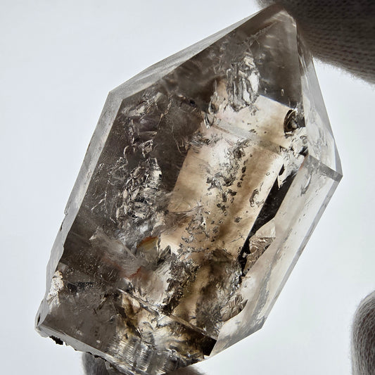 Sceptre DT en quartz fumé squelette Enhydro, poche Valentine en calcite UV, Namibie 71 x 43 x 31 mm 
