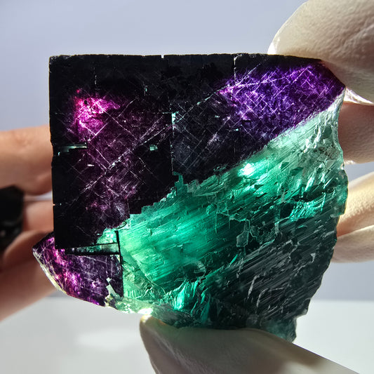 Spécimen de cube de fluorite fantôme vert violet zonal 11:11 Angel Pocket, Namibie 67*53*42mm 