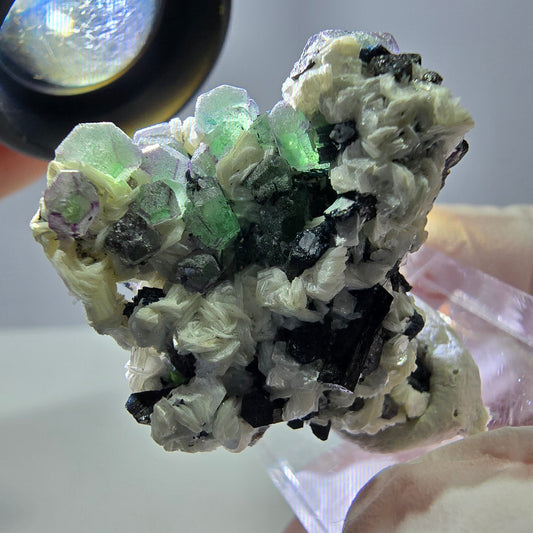 Cube de fluorite fantôme, zonal, muscovite, spécimen de tourmaline Schorl, Erongo, Namibie, 36 x 31 x 22 mm 