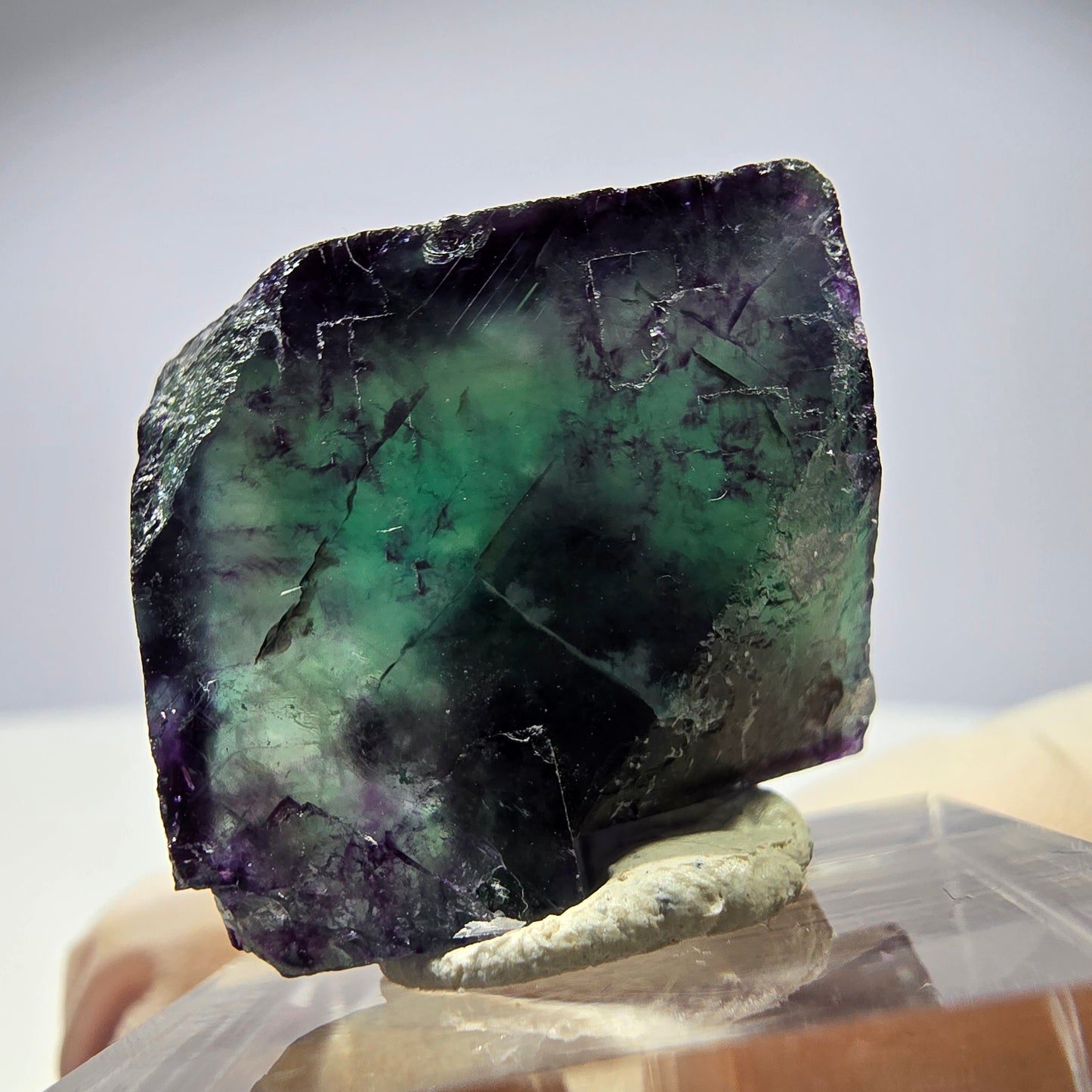 Rare cube de fluorite fantôme parqueté vert violet Okorusu Namibie 23*21*13mm 
