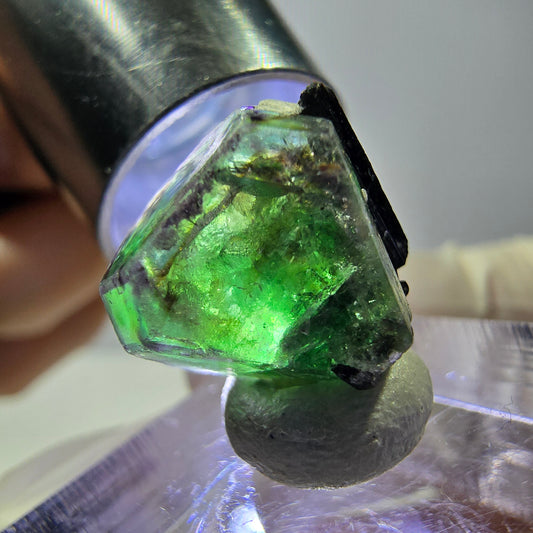 Cube hexagonal de fluorite fantôme, muscovite, tourmaline Schörl, Erongo, Namibie, 14 x 13 x 13 mm 