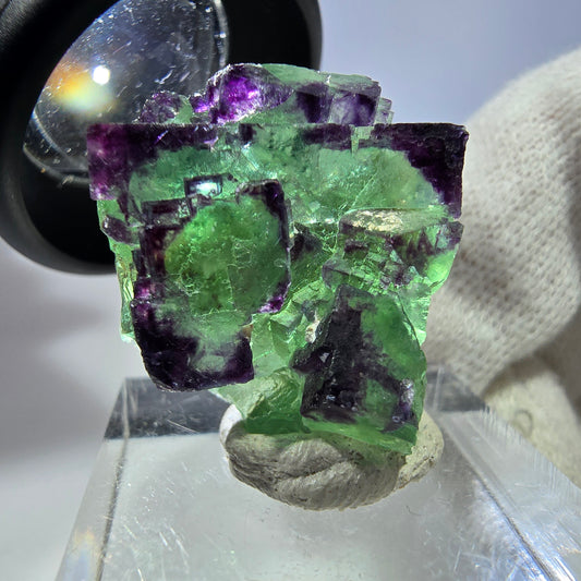 Spécimen rare de cube de fluorite fantôme zonal vert violet Okorusu, Namibie 29*25*16mm 
