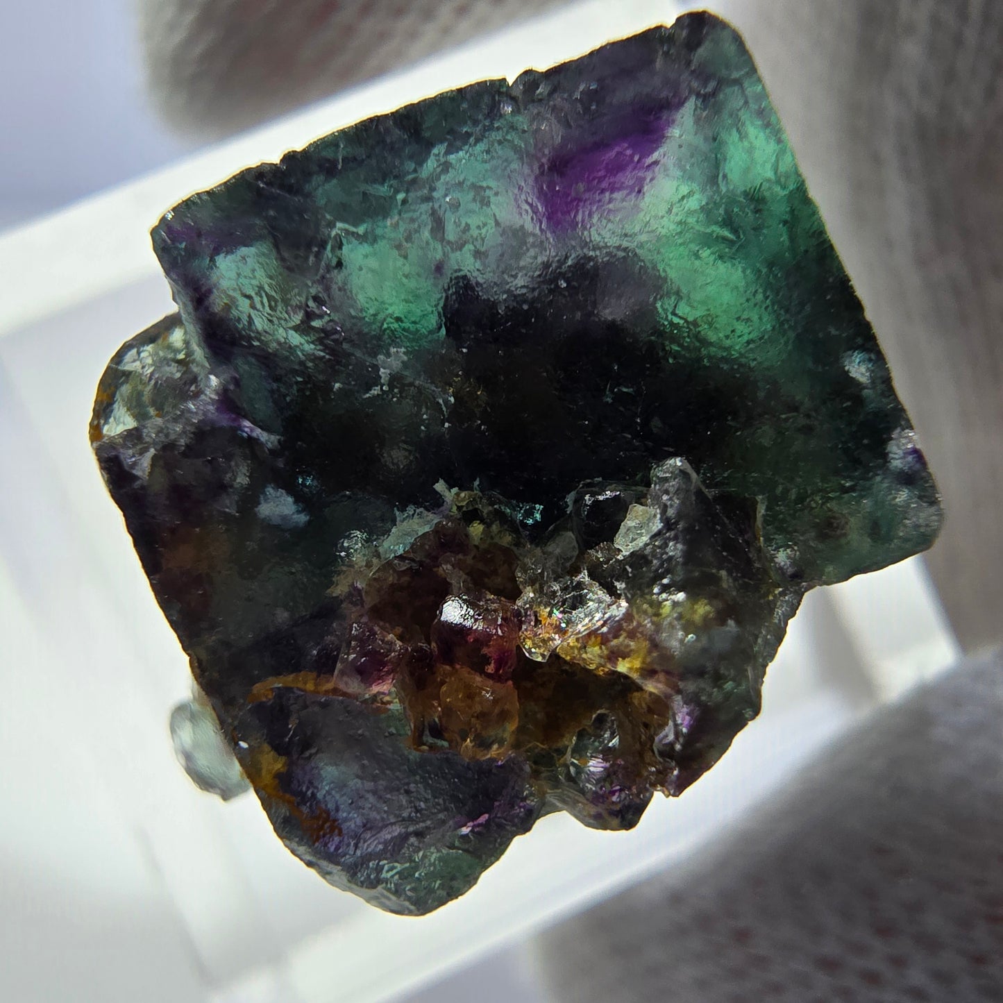 Spécimen rare de cube de fluorite fantôme, vert zonal et violet, Okorusu, Namibie, 22 x 15 x 17 mm 