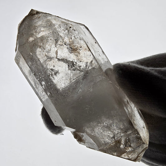 Sceptre squelette en quartz fumé DT, poche Saint-Valentin en calcite UV, Namibie 86 x 37 x 24 mm 
