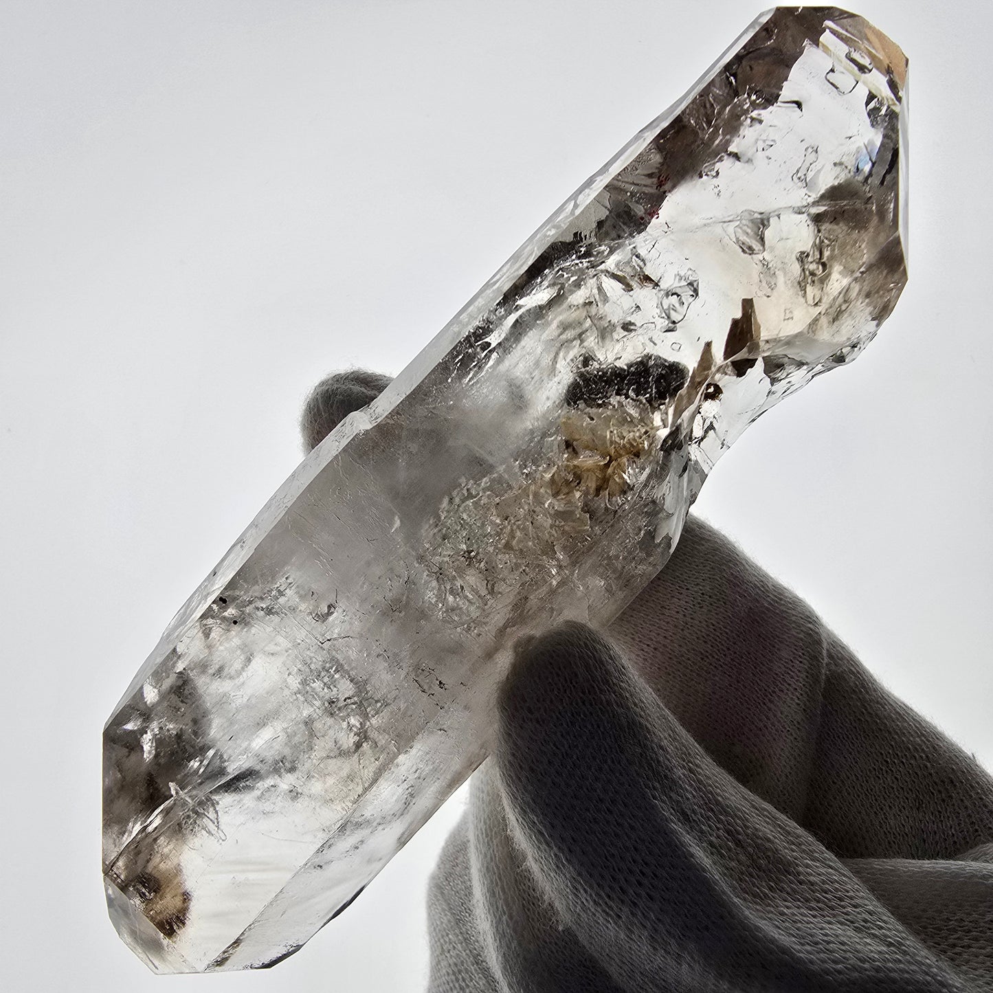 Quartz fumé squelette Enhydro DT, calcite UV, pochette Valentine 3x Bubble, Namibie 118 x 34 x 29 mm 