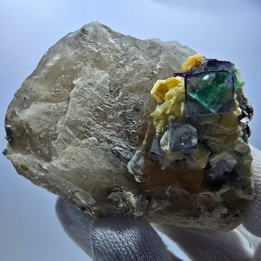 Phantom Fluorit zonal Rauchquarz Hyalit Muskovit Stufe Erongo Namibia 92*72*60mm