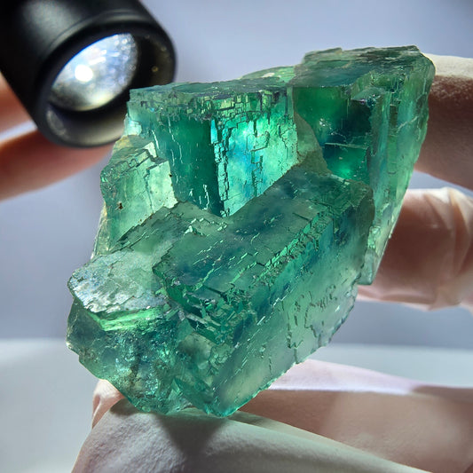 Spécimen de cube de fluorite fantôme transparente, vert parqueté, Okorusu, Namibie, 50 x 34 x 21 mm 